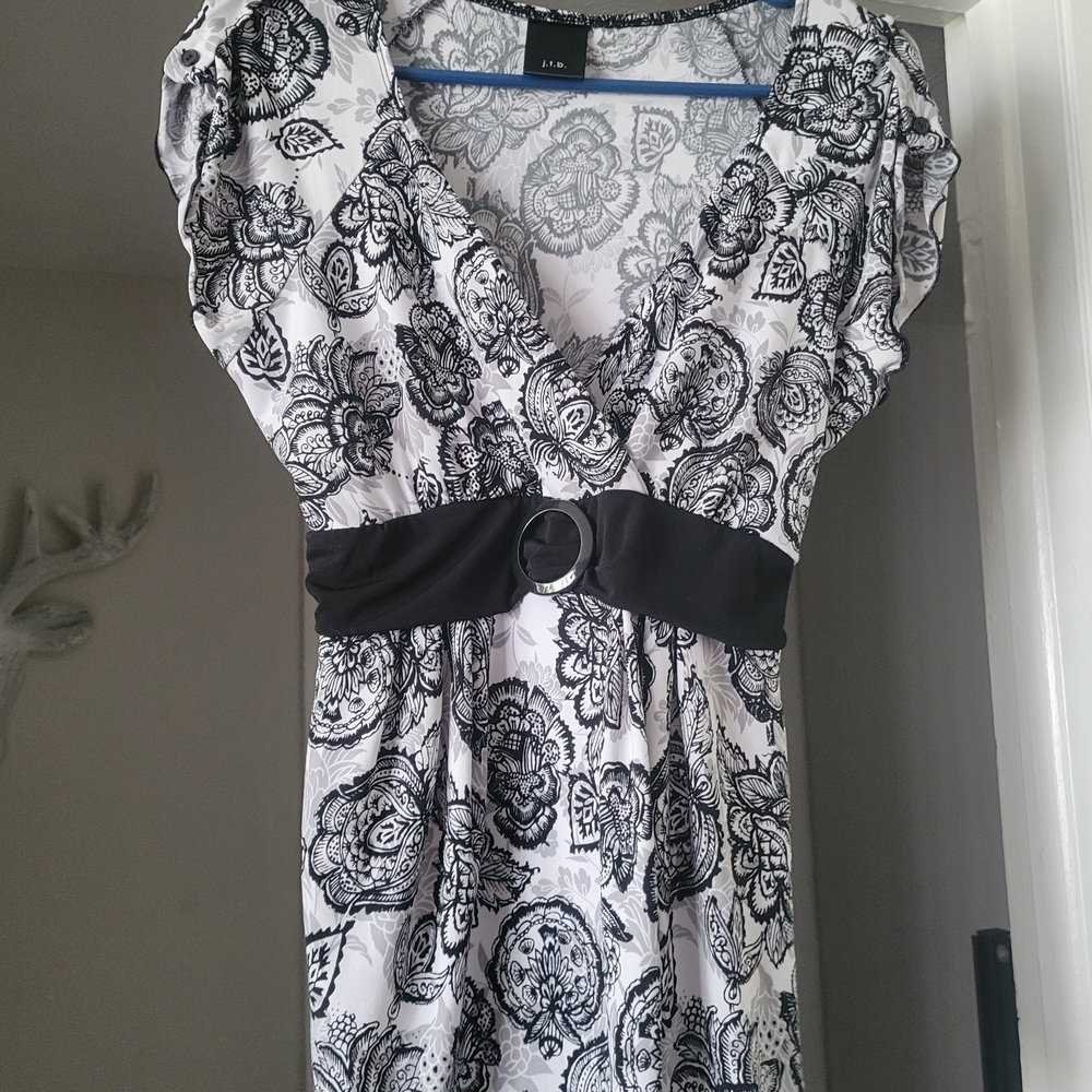 Black and White Floral Dress with Belt